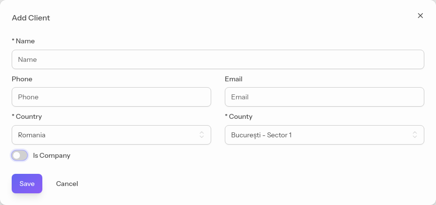The form for adding a client