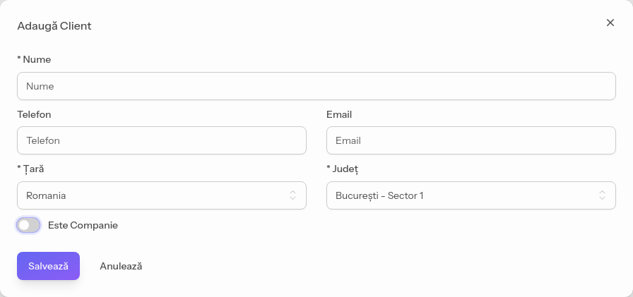 Formularul de adăugare a unui client