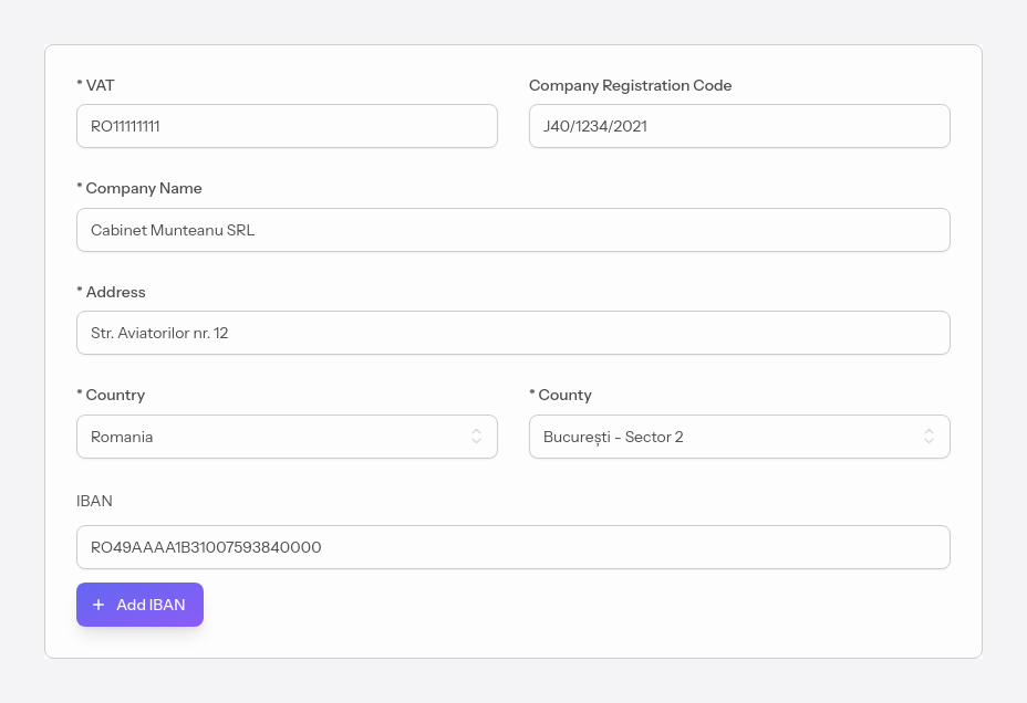 The company details filled in automatically from ANAF