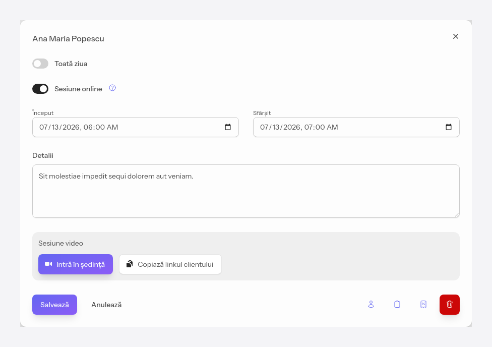 Sala video a unei programări online