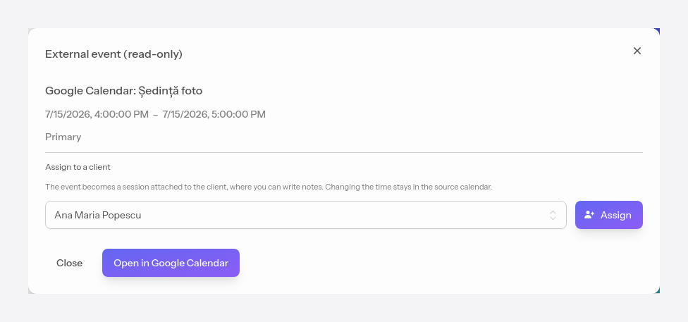 The window for assigning an external event