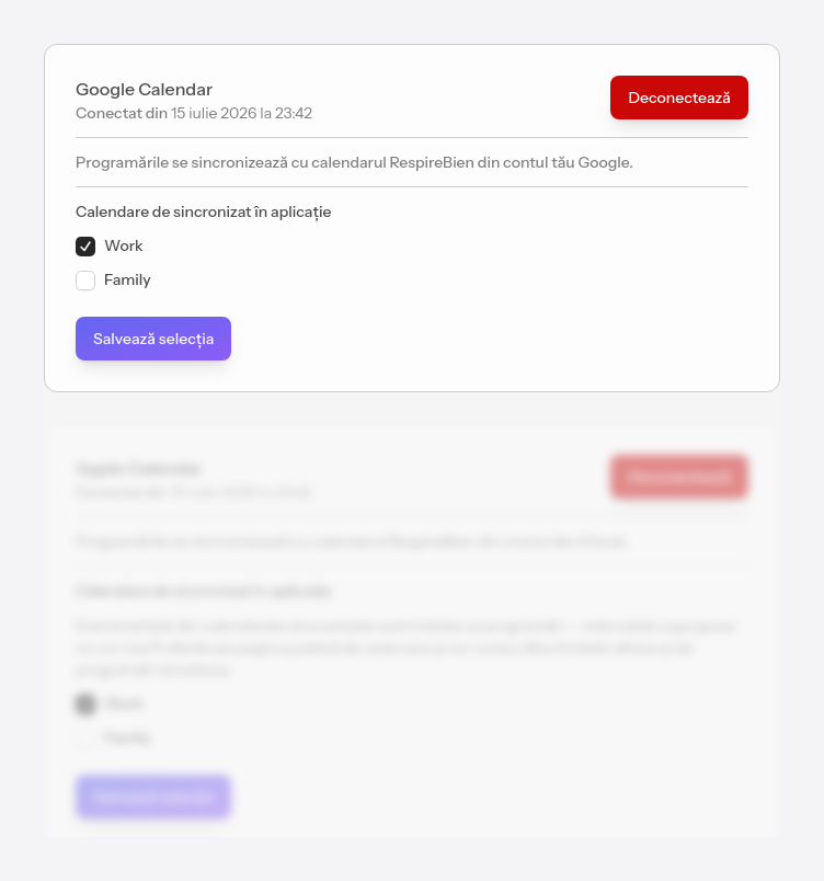 Selectarea calendarelor Google