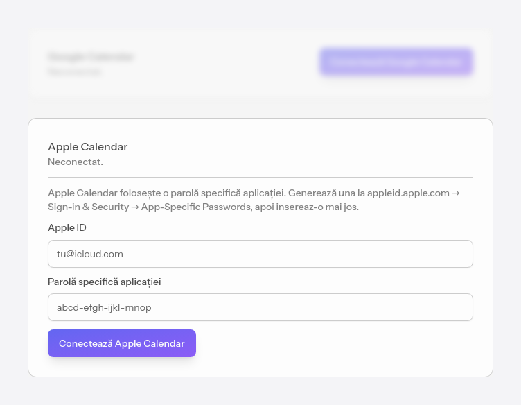 Conectarea Apple Calendar