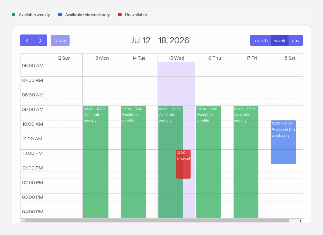 The availability calendar with the three interval types