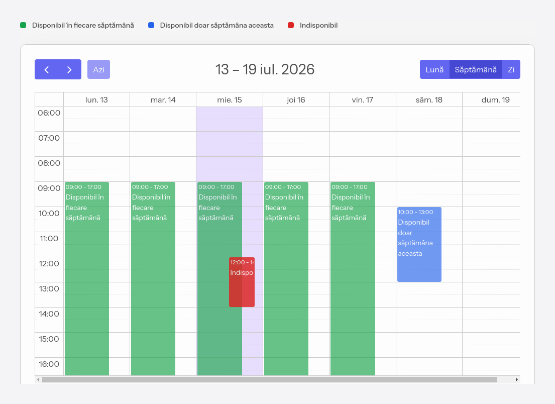 Calendarul de disponibilitate cu cele trei tipuri de intervale