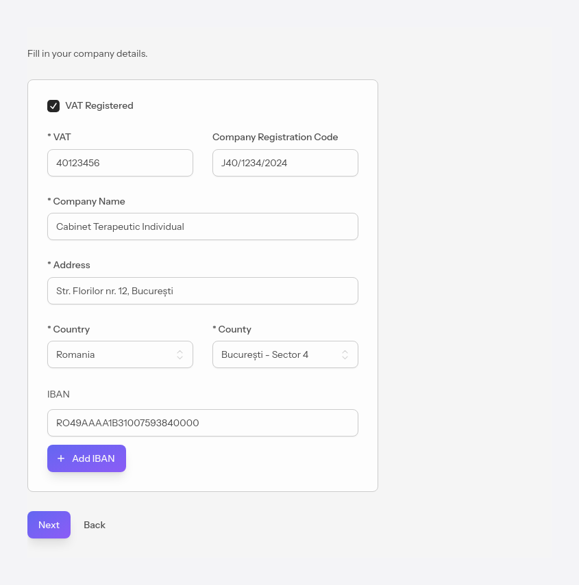 The company details step, filled in automatically from ANAF