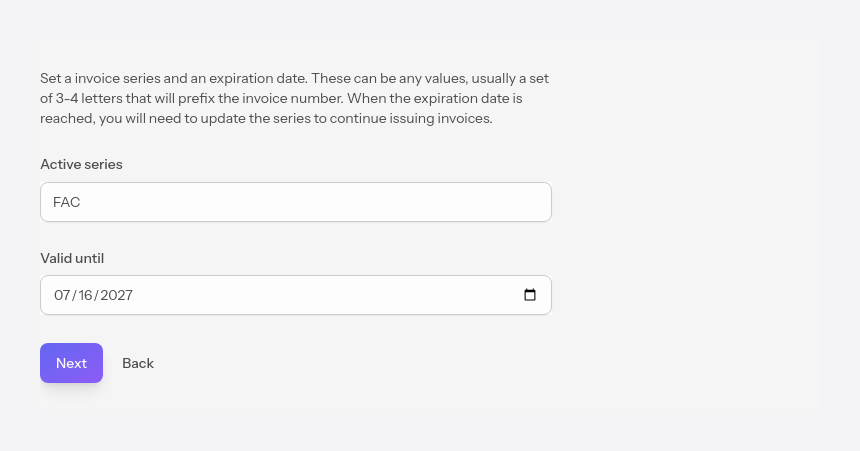 The invoice series step