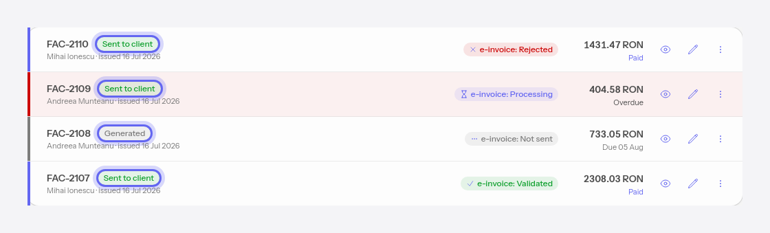 The sending status: Created and Sent to client