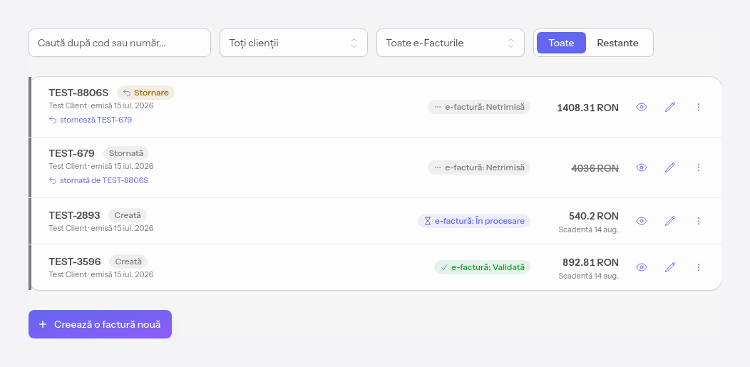 Lista facturilor emise