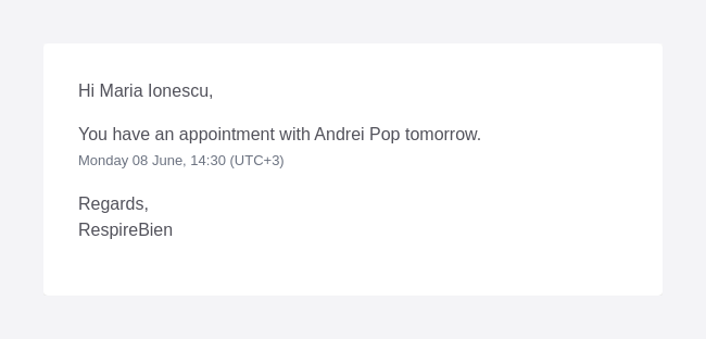 Reminder email sent to the client