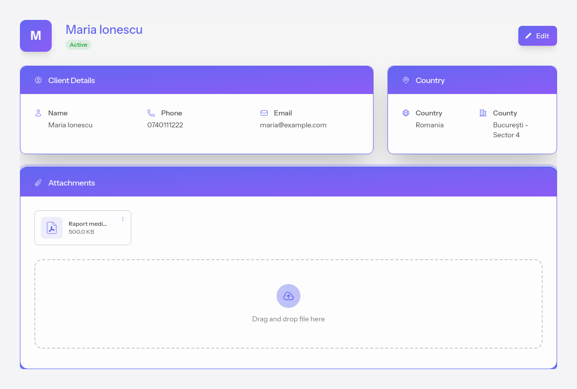 The client's profile, with the file upload area