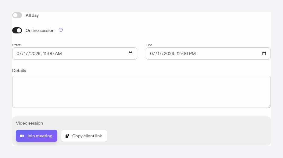 An online appointment in the calendar, with the call links