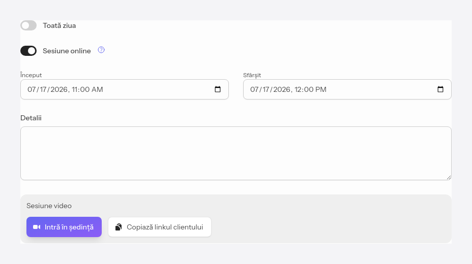 Programare online în calendar, cu linkurile de apel
